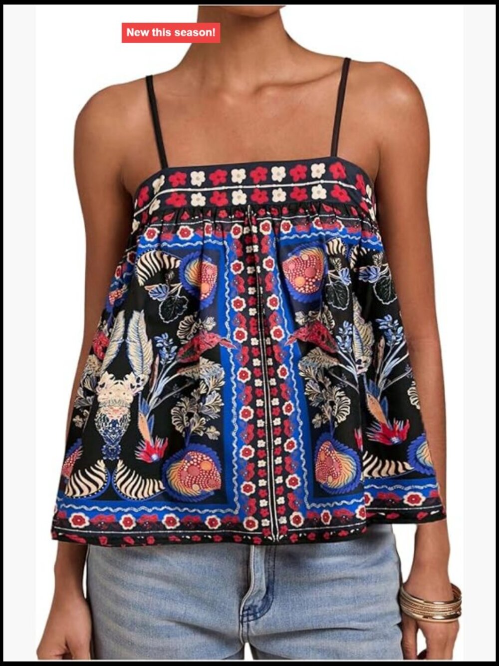 Boho Spaghetti Strap Flowy Camisole Tank Top, 95% Polyester 5% Elastane,